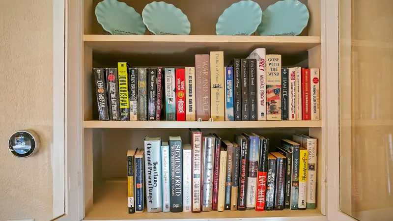 Bookshelf filled with books, with decorative plates on top.